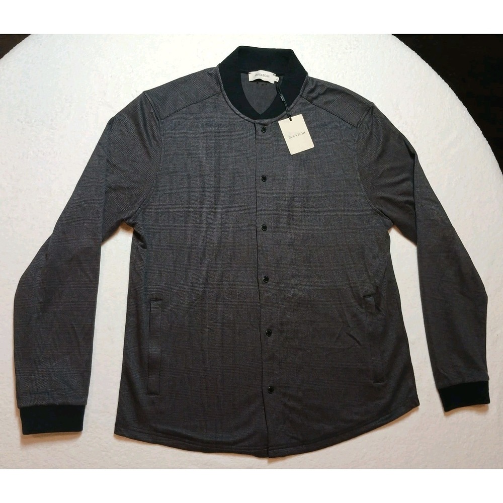BUGATCHI NWT Men's Jacket L Black Gray Houndstooth Snap Front Overshirt